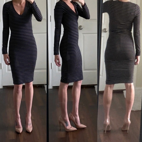 Zara Dresses & Skirts - Navy blue yellow striped long sleeve midi dress
